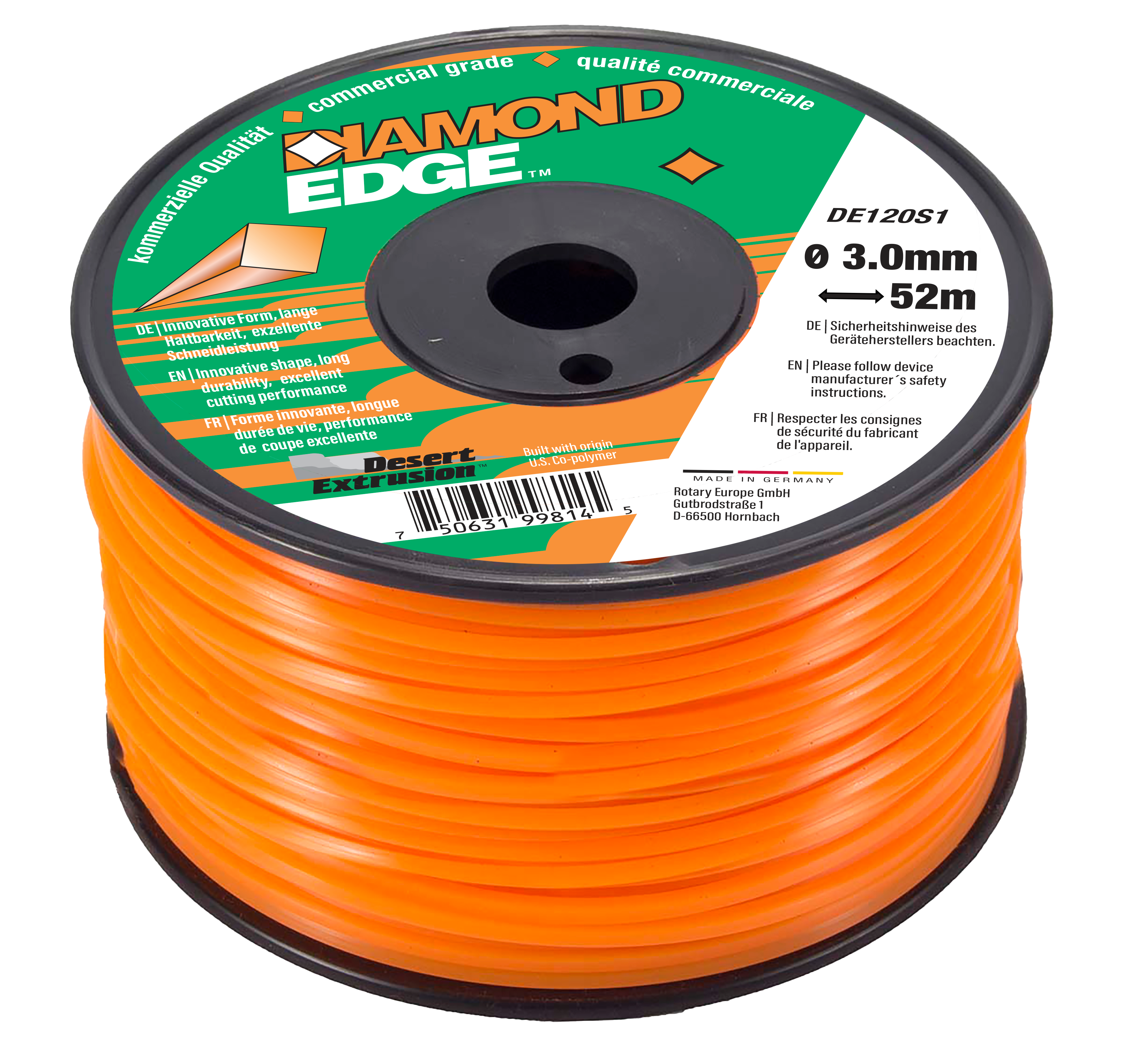 DE120S1-12-DIAMOND EDGE .120"/3.0MM 1LB SPOOL - SQUARE SHAPE LINE *DISCONTINUED - STOCKSALE*