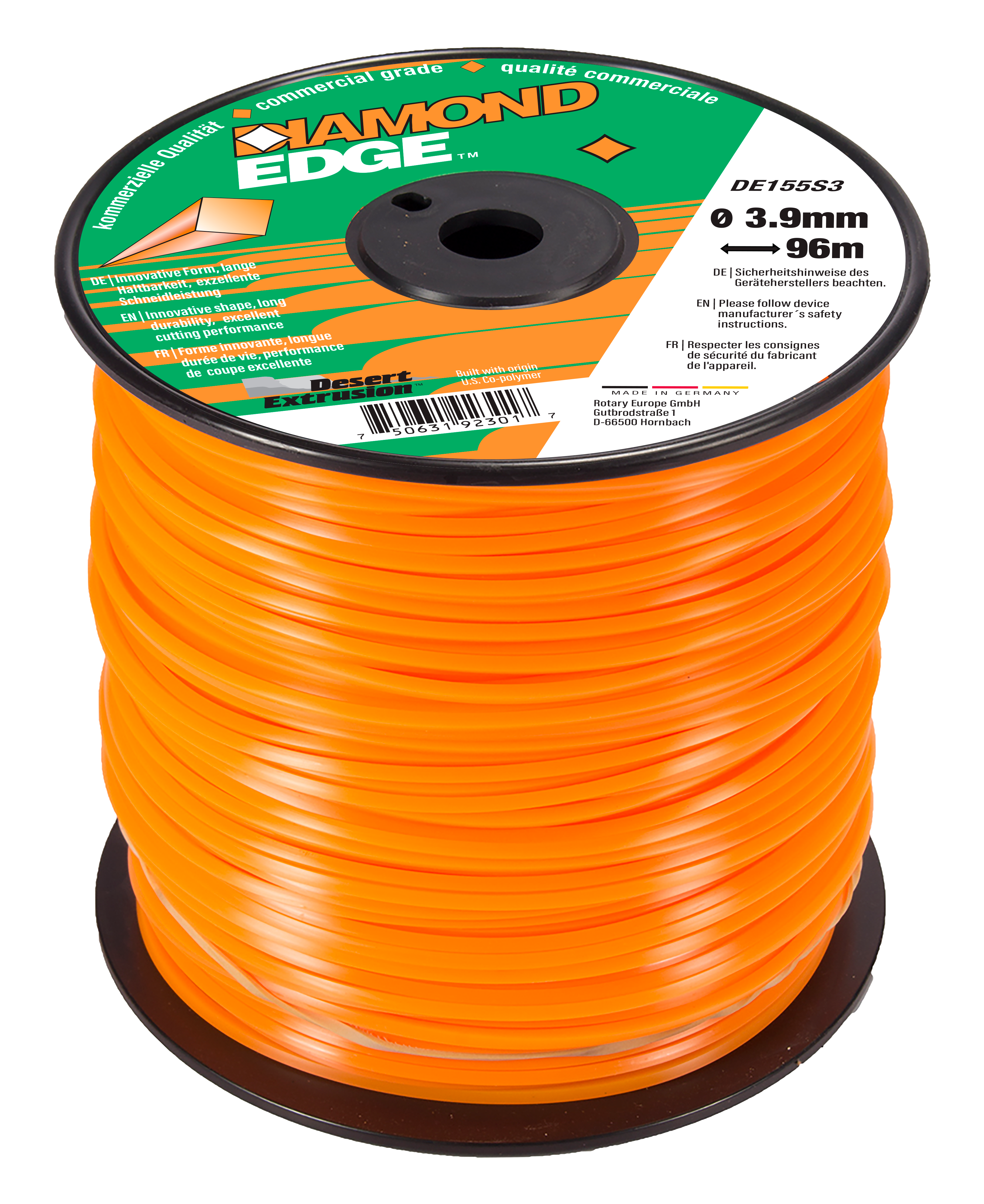 DE155S3-9-DIAMOND EDGE .155"/3.9MM 3LB SPOOL - SQUARE SHAPE LINE