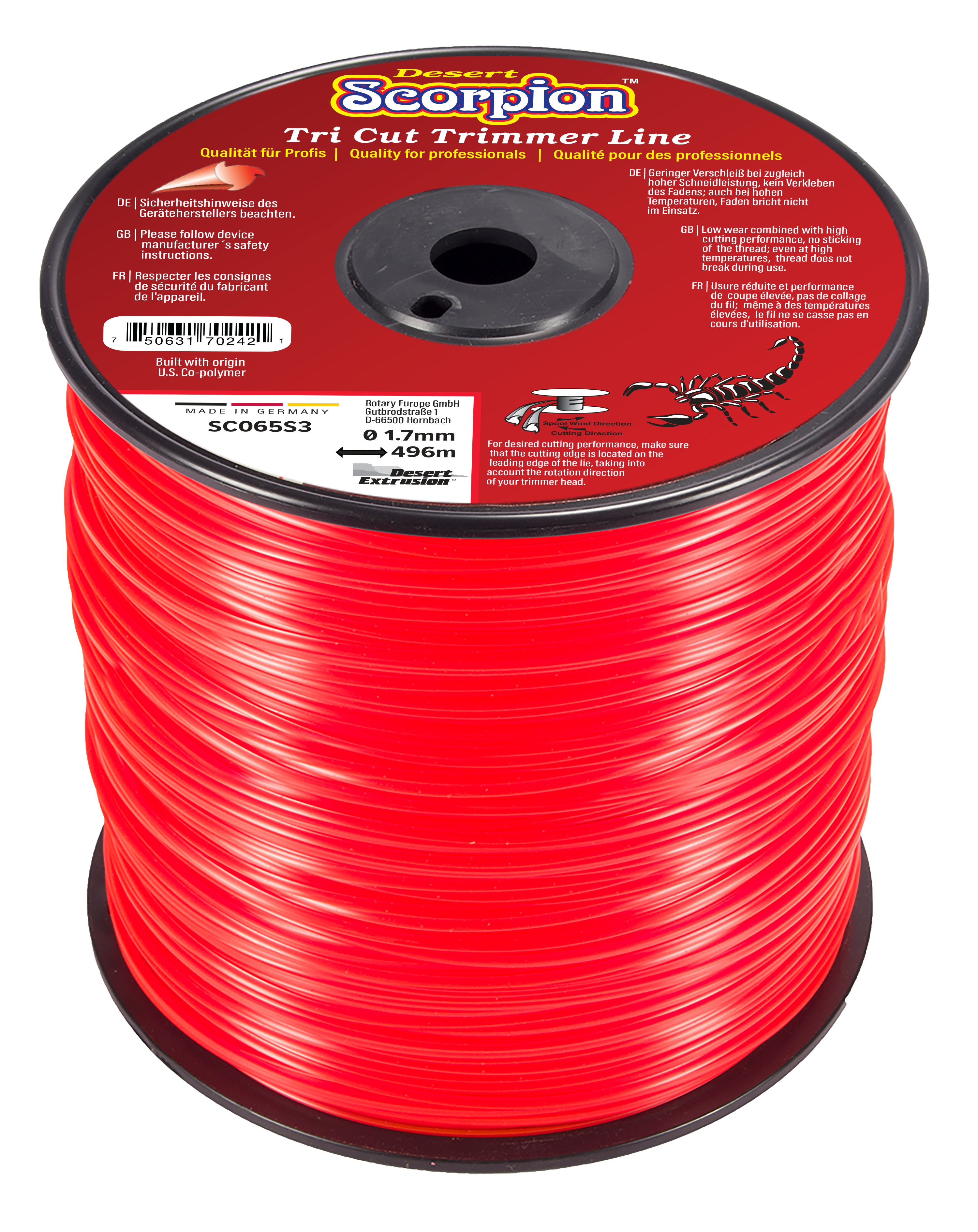 SC065S3-9-SCORPION .065"/1.7MM 3LB SPOOL - TRI CUT SHAPE LINE